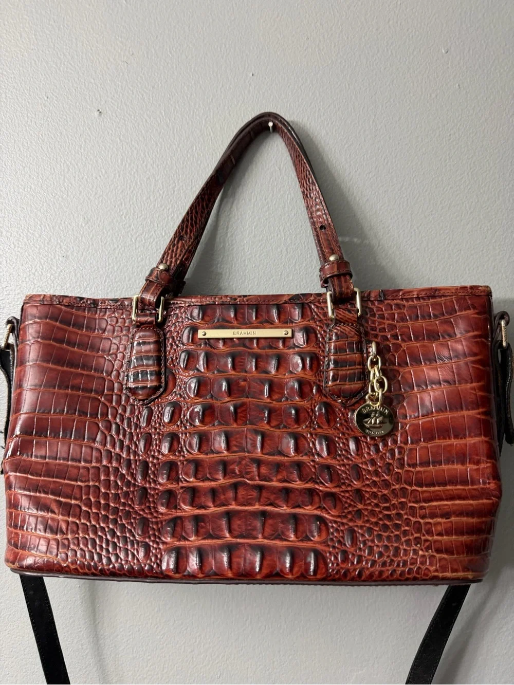 Brahmin Mini Asher Satchel in Pecan Melbourne leather, featuring a textured croc